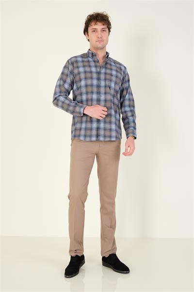 Erkek Tek Cep Ekose Desenli Kışlık Gömlek Mavi