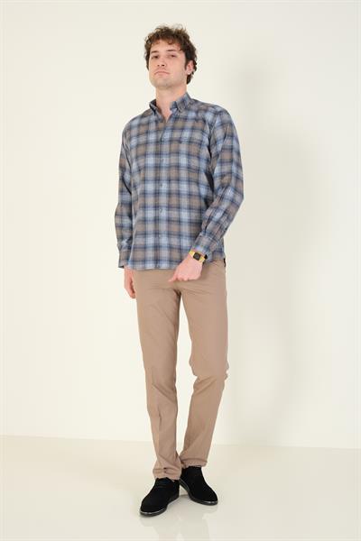 Erkek Tek Cep Ekose Desenli Kışlık Gömlek Mavi