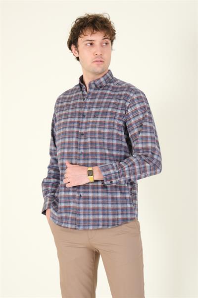 Erkek Tek Cep Ekose Desenli Kışlık Gömlek İndigo