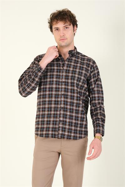 Erkek Tek Cep Ekose Desenli Kışlık Gömlek Taba