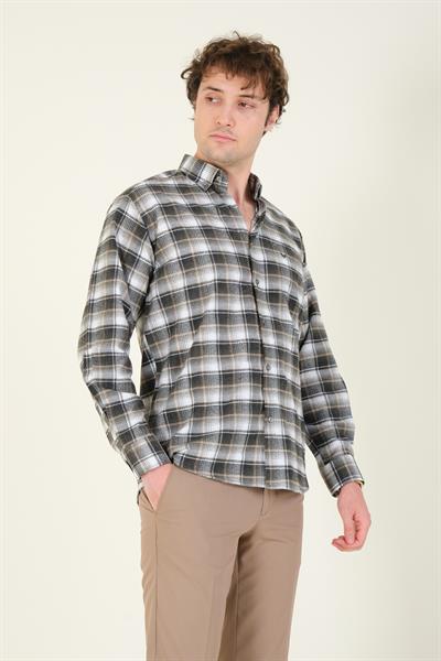 Erkek Tek Cep Ekose Desenli Kışlık Gömlek Haki