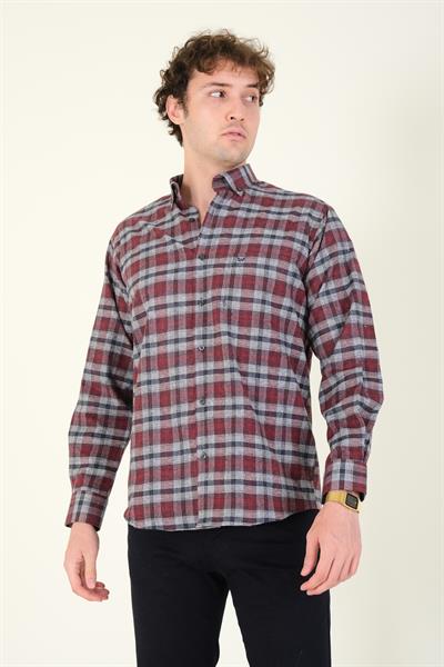 Erkek Tek Cep Ekose Desenli Kışlık Gömlek Bordo