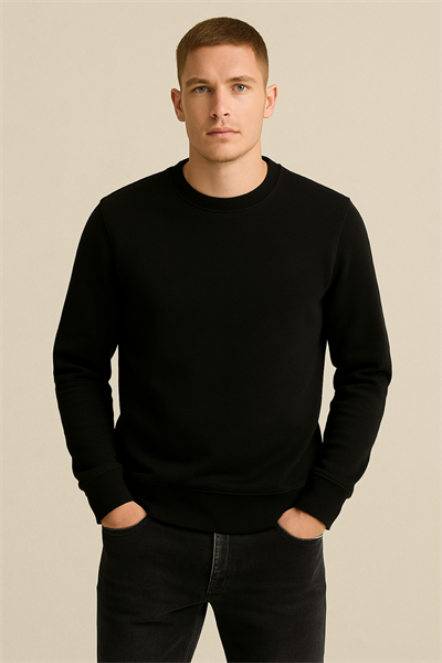 Erkek Üç İp Şardonsuz Sweatshirt Siyah