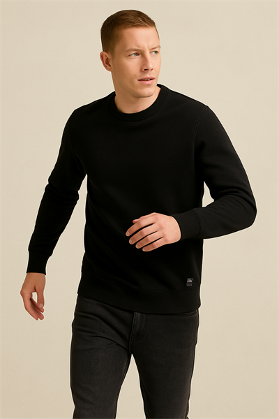 Erkek Üç İp Şardonsuz Sweatshirt Siyah