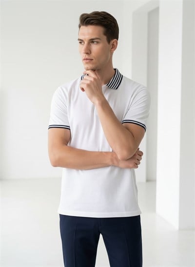 Erkek Yaka Çizgili Polo Yaka Kısa Kol Tshirt Beyaz