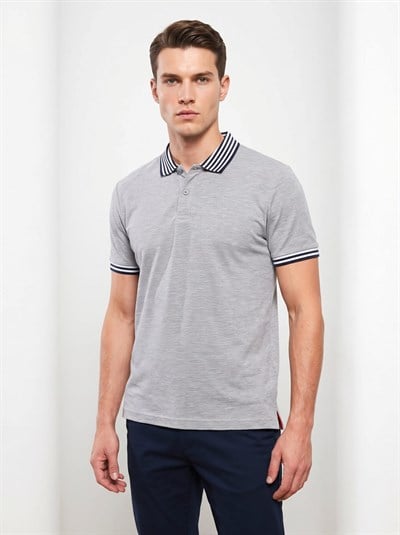 Erkek Yaka Çizgili Polo Yaka Kısa Kol Tshirt Gri