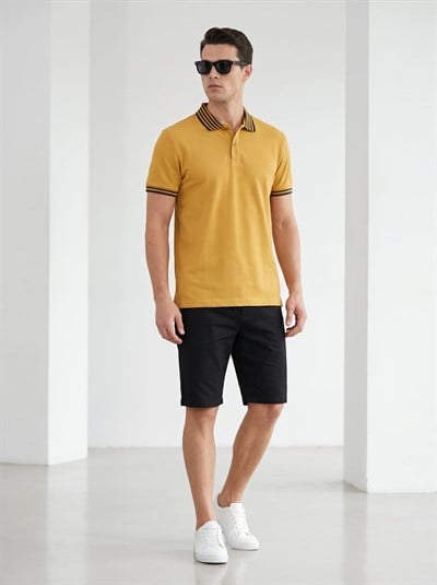 Erkek Yaka Çizgili Polo Yaka Kısa Kol Tshirt Hardal