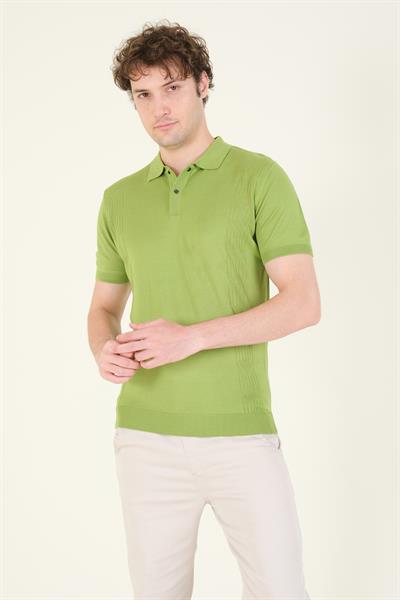 Erkek Yanları Desenli  Polo Yaka  Merserize T-Shirt Yeşil