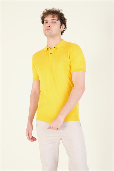 Erkek Yanları Desenli  Polo Yaka  Merserize T-Shirt Sarı 
