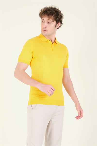 Erkek Yanları Desenli  Polo Yaka  Merserize T-Shirt Sarı 