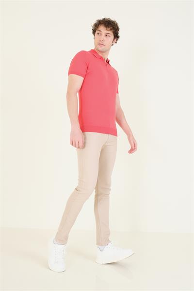 Erkek Yarım Fermuarlı Polo Yaka Merserize T-Shirt Mercan