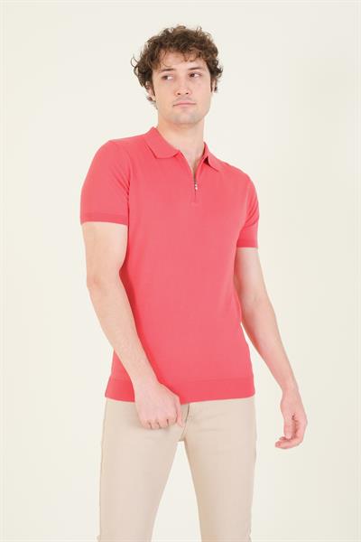 Erkek Yarım Fermuarlı Polo Yaka Merserize T-Shirt Mercan