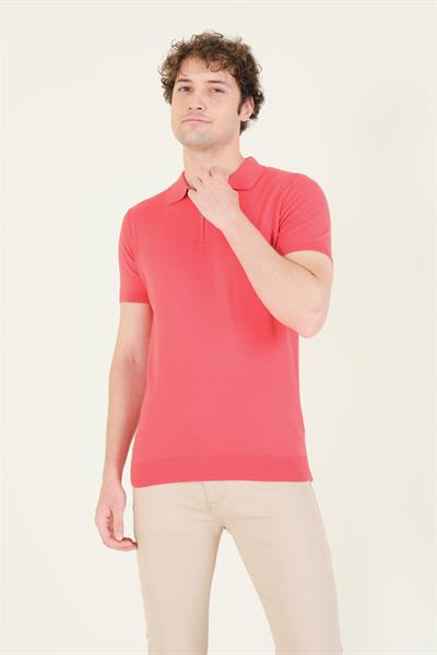 Erkek Yarım Fermuarlı Polo Yaka Merserize T-Shirt Mercan