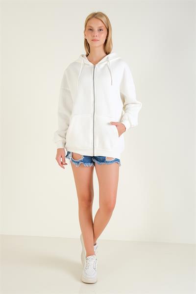 Kadın 3 İp Şardonlu Kapüşonlu Fermuarlı Oversize Sweatshirt Ekru