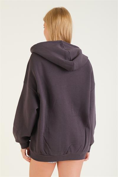 Kadın 3 İp Şardonlu Kapüşonlu Fermuarlı Oversize Sweatshirt Füme
