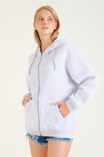Kadın 3 İp Şardonlu Kapüşonlu Fermuarlı Oversize Sweatshirt Gri