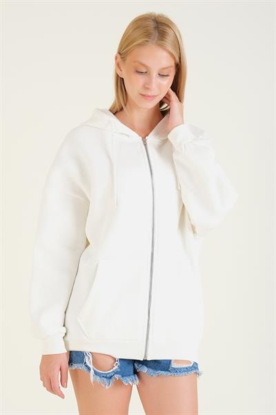 Kadın 3 İp Şardonlu Kapüşonlu Fermuarlı Oversize Sweatshirt Ekru