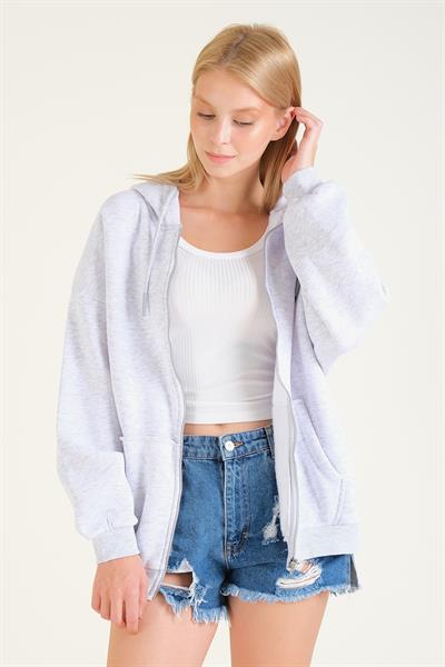 Kadın 3 İp Şardonlu Kapüşonlu Fermuarlı Oversize Sweatshirt Gri