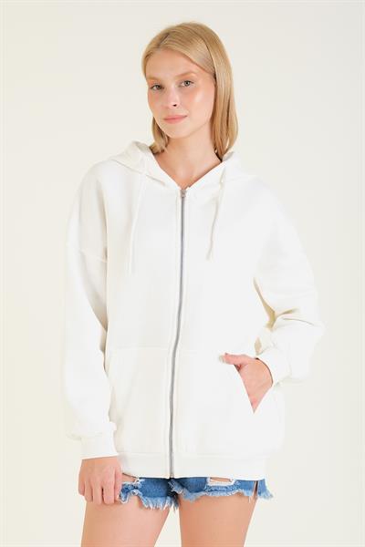 Kadın 3 İp Şardonlu Kapüşonlu Fermuarlı Oversize Sweatshirt Ekru