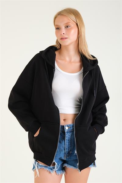 Kadın 3 İp Şardonlu Kapüşonlu Fermuarlı Oversize Sweatshirt Siyah