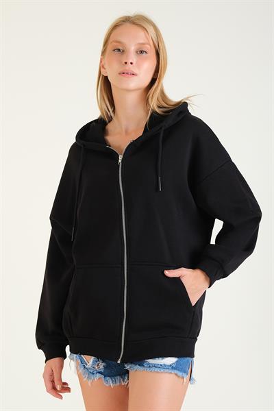 Kadın 3 İp Şardonlu Kapüşonlu Fermuarlı Oversize Sweatshirt Siyah