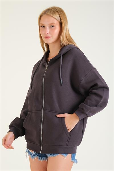 Kadın 3 İp Şardonlu Kapüşonlu Fermuarlı Oversize Sweatshirt Füme