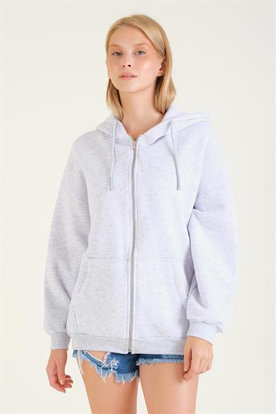 Kadın 3 İp Şardonlu Kapüşonlu Fermuarlı Oversize Sweatshirt Gri