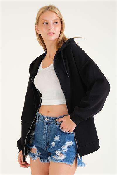 Kadın 3 İp Şardonlu Kapüşonlu Fermuarlı Oversize Sweatshirt Siyah