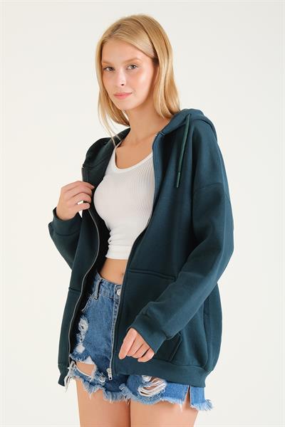 Kadın 3 İp Şardonlu Kapüşonlu Fermuarlı Oversize Sweatshirt Yeşil