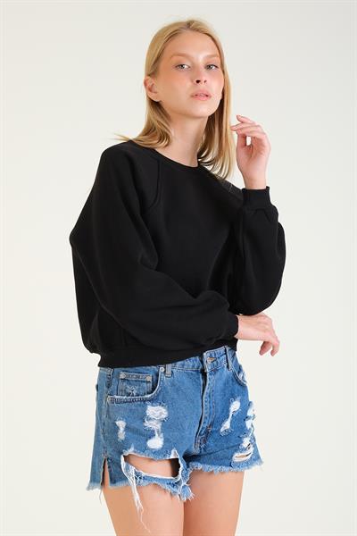 Kadın 3 İp Şardonlu Sıfır Yaka Oversize Sweatshirt Siyah