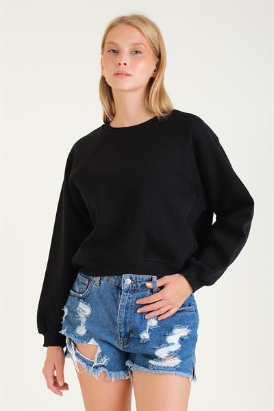 Kadın 3 İp Şardonlu Sıfır Yaka Oversize Sweatshirt Siyah