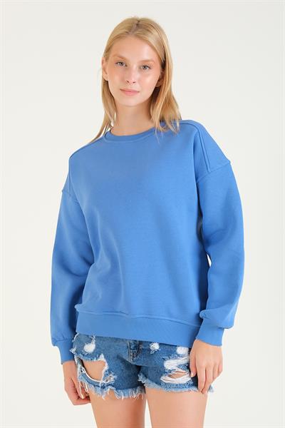 Kadın 3 İp Şardonlu Sıfır Yaka Oversize Sweatshirt Mavi