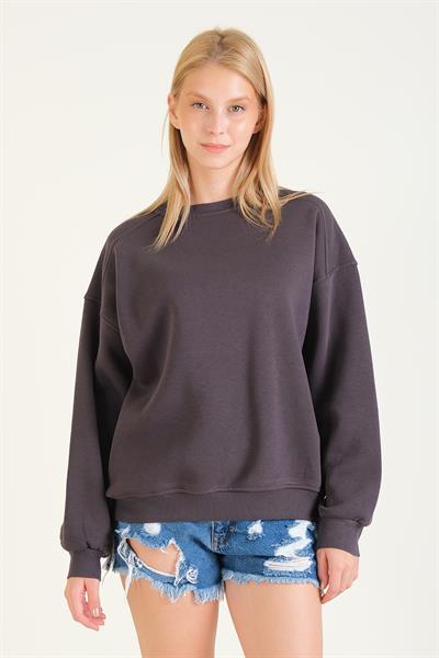 Kadın 3 İp Şardonlu Sıfır Yaka Oversize Sweatshirt Füme