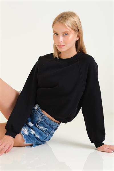 Kadın 3 İp Şardonlu Sıfır Yaka Oversize Sweatshirt Siyah