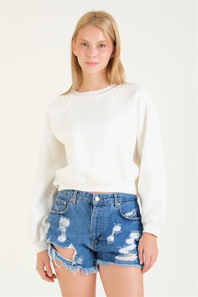 Kadın 3 İp Şardonlu Sıfır Yaka Oversize Sweatshirt Ekru