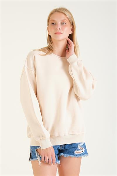 Kadın 3 İp Şardonlu Sıfır Yaka Oversize Sweatshirt Taş