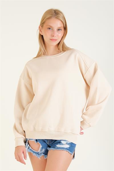 Kadın 3 İp Şardonlu Sıfır Yaka Oversize Sweatshirt Taş