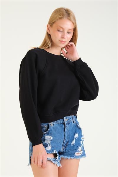 Kadın 3 İp Şardonlu Sıfır Yaka Oversize Sweatshirt Siyah