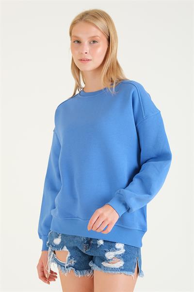 Kadın 3 İp Şardonlu Sıfır Yaka Oversize Sweatshirt Mavi
