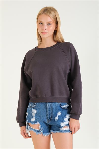 Kadın 3 İp Şardonlu Sıfır Yaka Oversize Sweatshirt Füme
