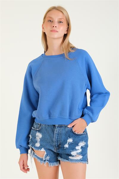 Kadın 3 İp Şardonlu Sıfır Yaka Oversize Sweatshirt Mavi