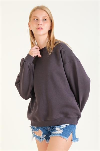 Kadın 3 İp Şardonlu Sıfır Yaka Oversize Sweatshirt Füme