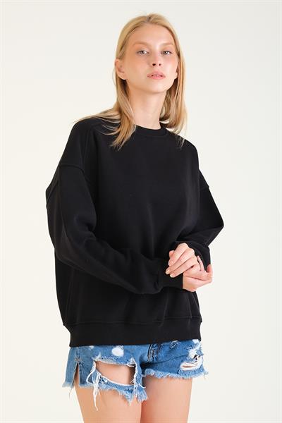 Kadın 3 İp Şardonlu Sıfır Yaka Oversize Sweatshirt Siyah