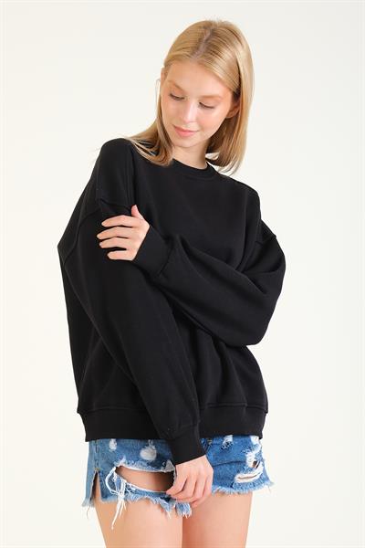 Kadın 3 İp Şardonlu Sıfır Yaka Oversize Sweatshirt Siyah