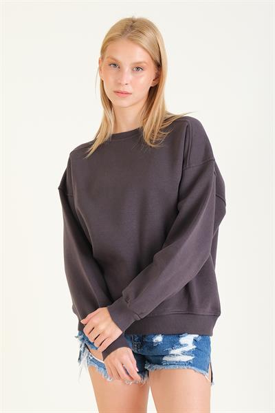 Kadın 3 İp Şardonlu Sıfır Yaka Oversize Sweatshirt Füme
