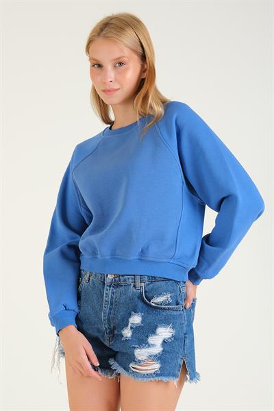 Kadın 3 İp Şardonlu Sıfır Yaka Oversize Sweatshirt Mavi