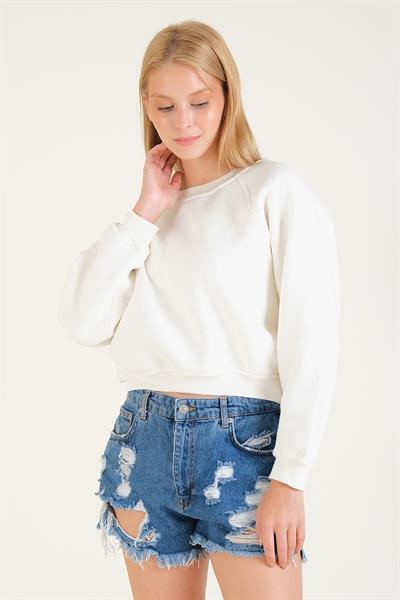 Kadın 3 İp Şardonlu Sıfır Yaka Oversize Sweatshirt Ekru
