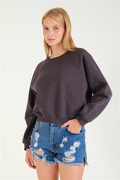 Kadın 3 İp Şardonlu Sıfır Yaka Oversize Sweatshirt Füme