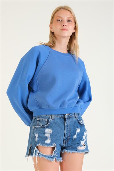 Kadın 3 İp Şardonlu Sıfır Yaka Oversize Sweatshirt Mavi