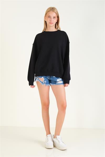 Kadın 3 İp Şardonlu Sıfır Yaka Oversize Sweatshirt Siyah